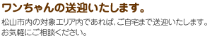 ワンちゃんの送迎いたします。
松山市内の対象エリア内であれば、ご自宅まで送迎いたします。お気軽にご相談ください。